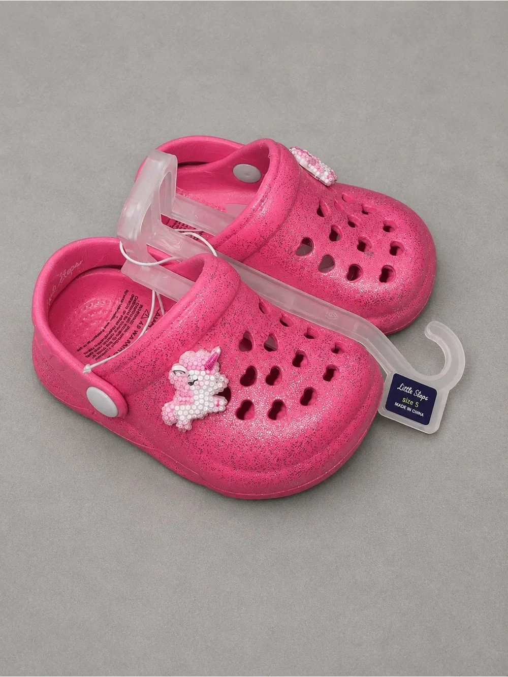 NWT - Hot Pink First Steps Glitter Pink Crocs With Unicorn Charms Infant Size 5